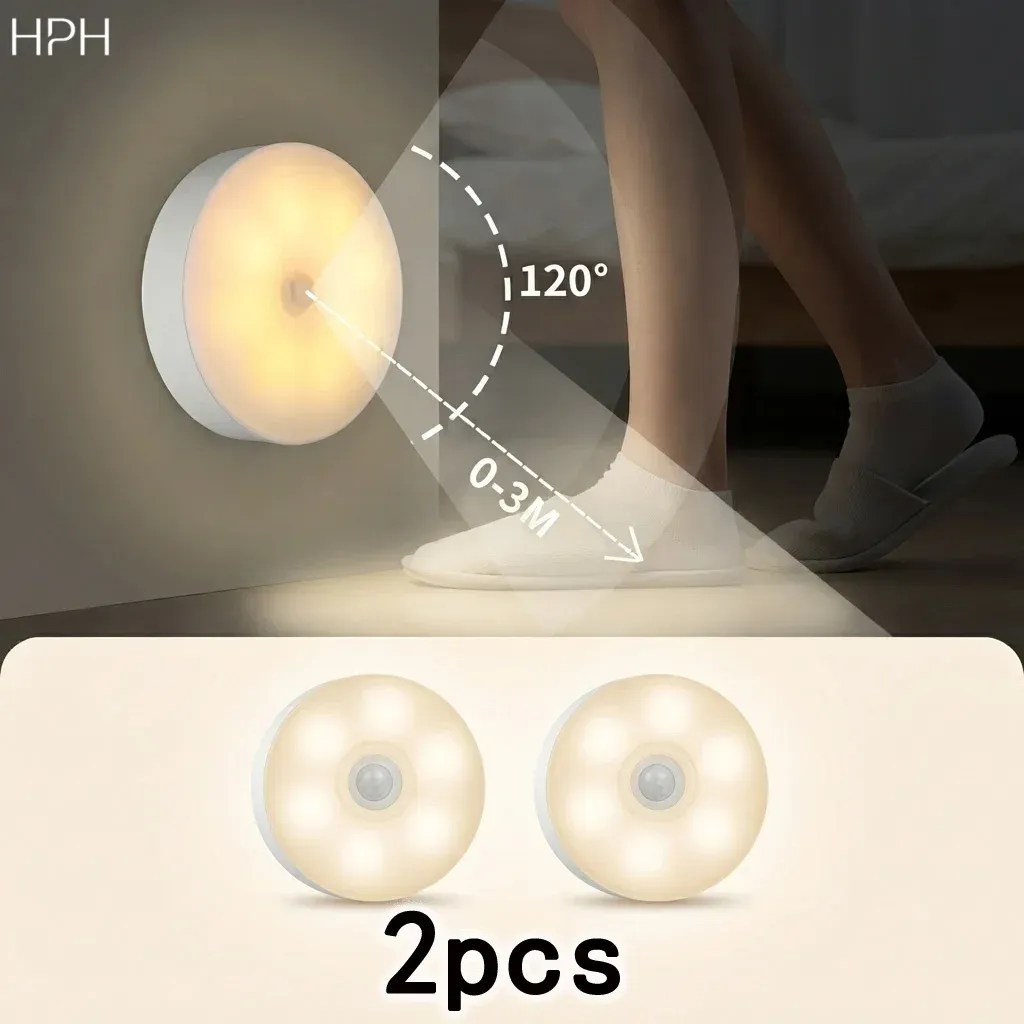 Lampe de nuit LED HPH à capteur de mouvement intelligent, lot de 2, éclairage automatique, rechargeable par USB, sans fil, fixation magnétique