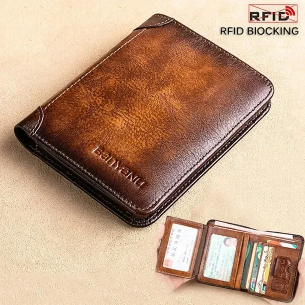 Portefeuille homme en cuir véritable avec protection RFID, modèle fin à trois volets style vintage, multifonction avec porte-cartes et porte-ID - Image 1