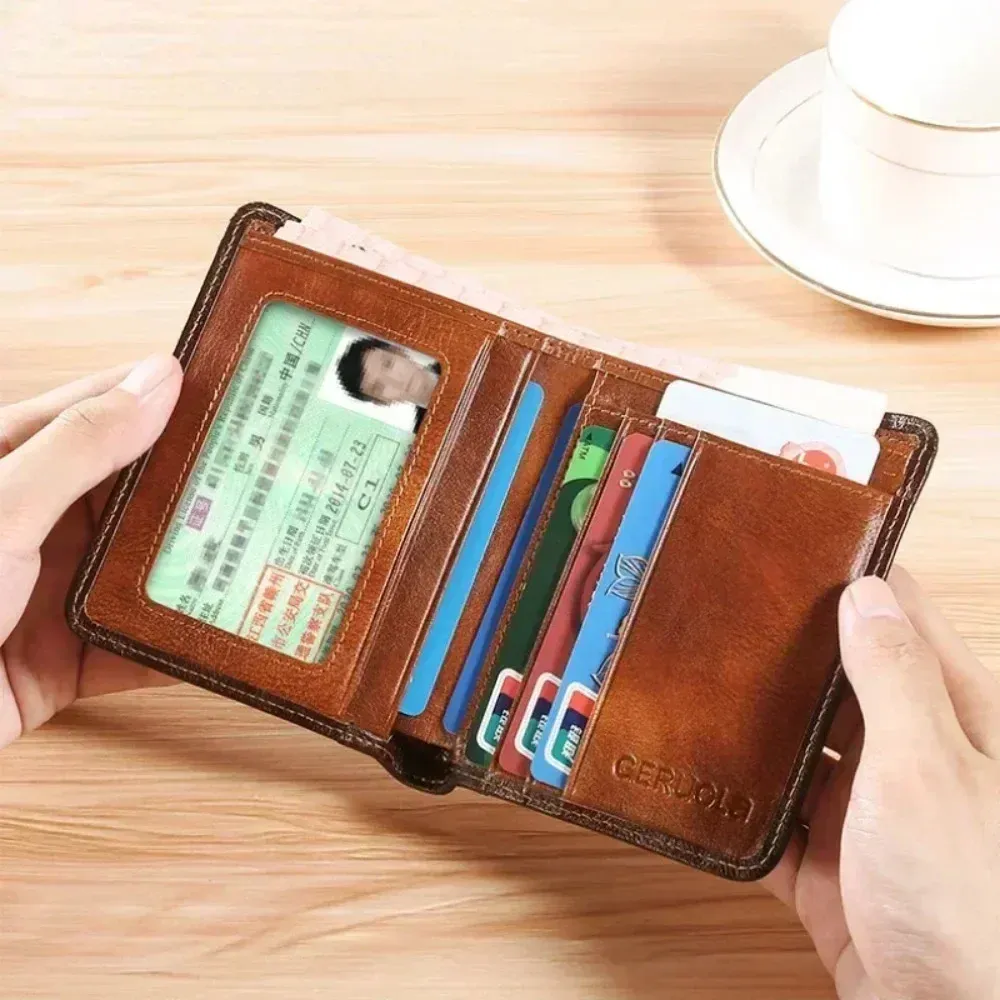 Portefeuille homme en cuir véritable avec protection RFID, modèle fin à trois volets style vintage, multifonction avec porte-cartes et porte-ID 2