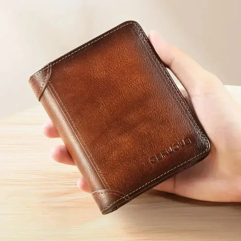 Portefeuille homme en cuir véritable avec protection RFID, modèle fin à trois volets style vintage, multifonction avec porte-cartes et porte-ID 6