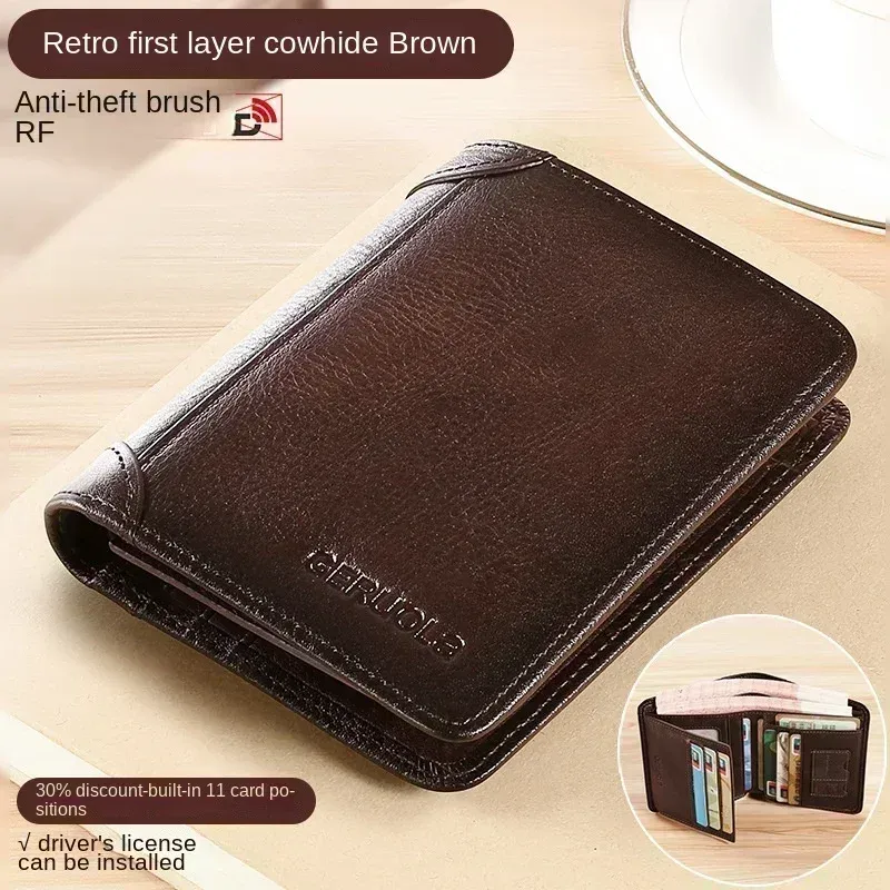 Portefeuille homme en cuir véritable avec protection RFID, modèle fin à trois volets style vintage, multifonction avec porte-cartes et porte-ID 8