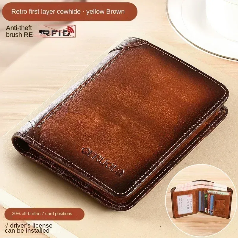 Portefeuille homme en cuir véritable avec protection RFID, modèle fin à trois volets style vintage, multifonction avec porte-cartes et porte-ID 9