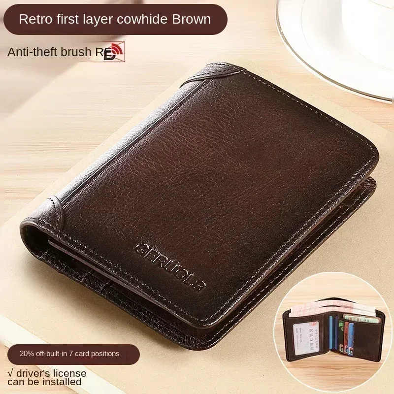 Portefeuille homme en cuir véritable avec protection RFID, modèle fin à trois volets style vintage, multifonction avec porte-cartes et porte-ID 10