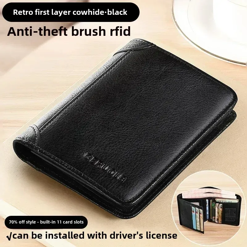 Portefeuille homme en cuir véritable avec protection RFID, modèle fin à trois volets style vintage, multifonction avec porte-cartes et porte-ID 7