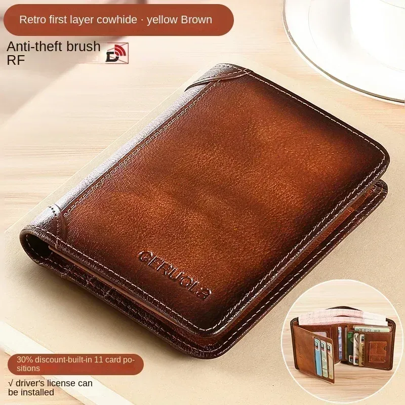 Portefeuille homme en cuir véritable avec protection RFID, modèle fin à trois volets style vintage, multifonction avec porte-cartes et porte-ID 11
