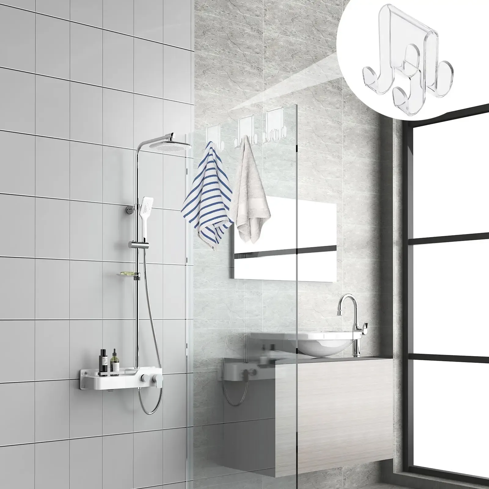 Crochets de porte de douche en verre et en acrylique, peu encombrants, pour vêtements, serviettes et débarbouillettes 2
