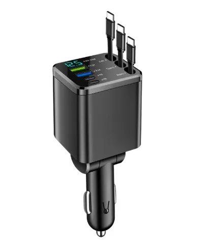 Chargeur de voiture rétractable 5 en 1 avec câble USB-C PD pour iPhone et Samsung 9