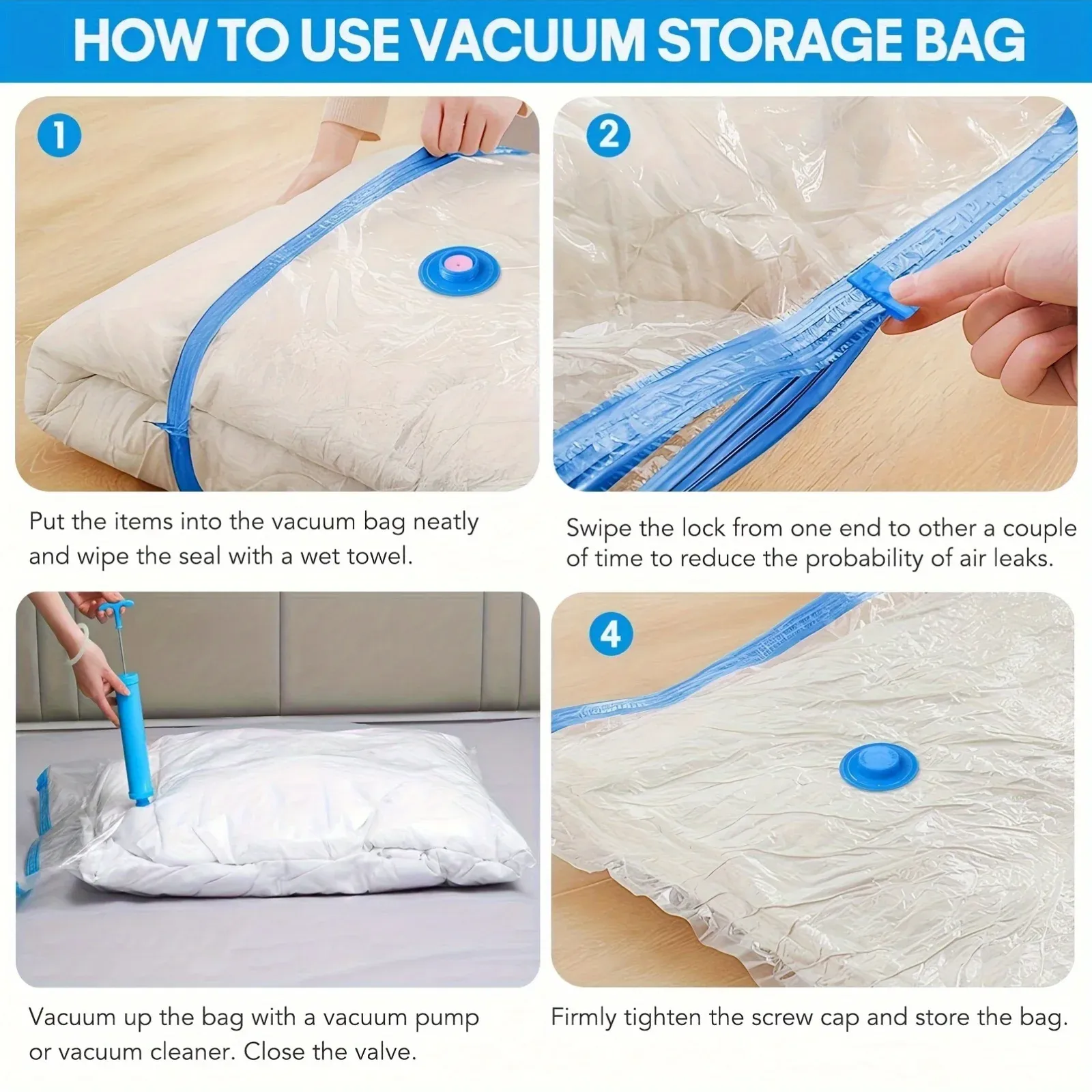 Lot de 3/5/10 Sacs de Rangement sous Vide pour Vêtements et Literie, Économiseurs d'Espace, Pliables et Réutilisables, Fermeture Hermétique 4