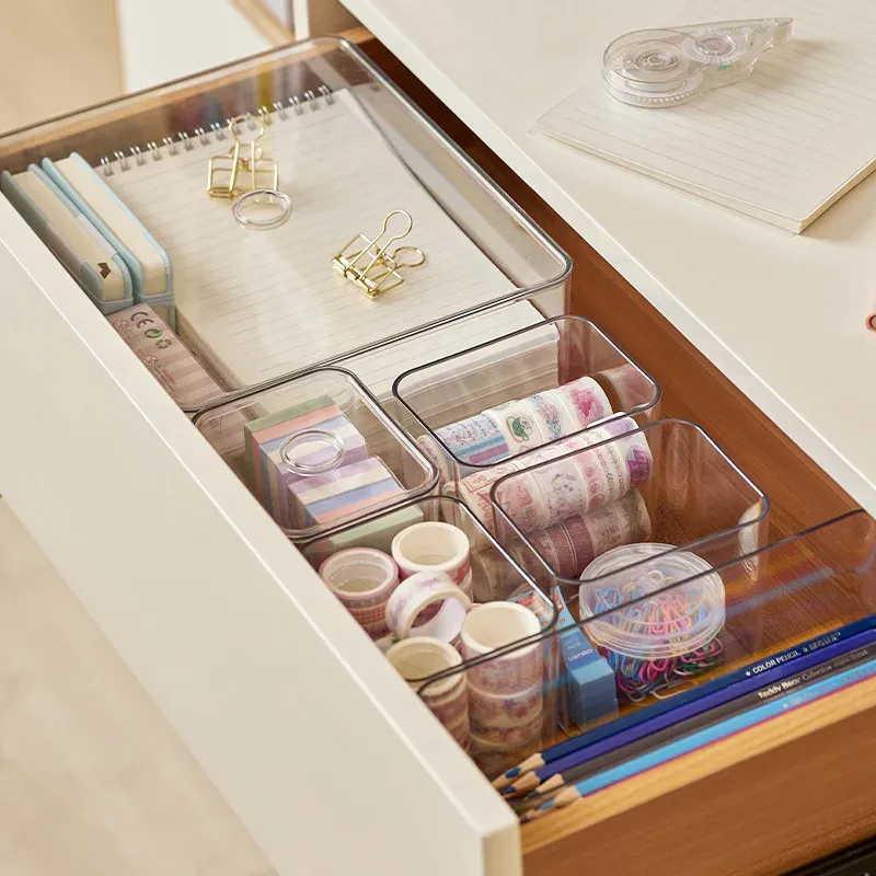 Ensembles d'organisateurs de tiroirs transparents, boîtes de rangement en acrylique, boîtes de rangement en plastique, boîtes de rangement pour papeterie et maquillage, bacs de rangement transparents 2