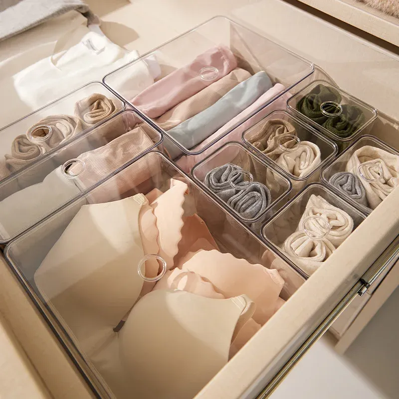 Ensembles d'organisateurs de tiroirs transparents, boîtes de rangement en acrylique, boîtes de rangement en plastique, boîtes de rangement pour papeterie et maquillage, bacs de rangement transparents 5