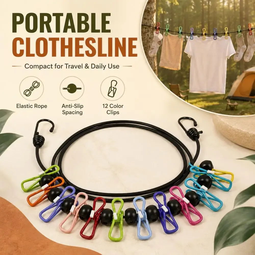 Corde à linge élastique portable de 1,8 m avec 12 pinces colorées 1