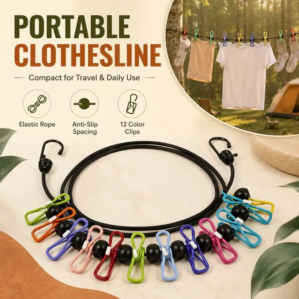 Corde à linge élastique portable avec pinces colorées
