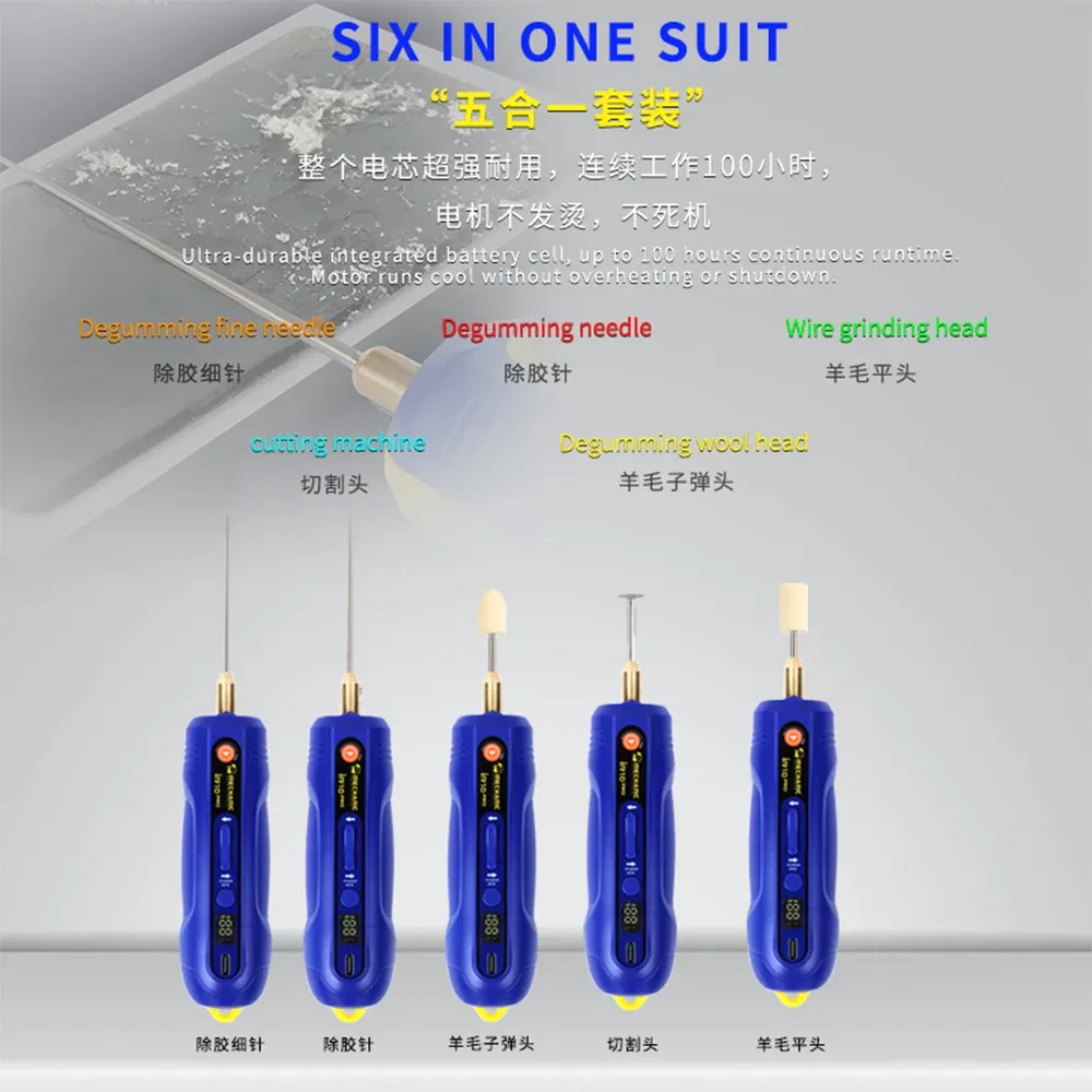 Stylo électrique décolleur MECHANIC IR10 PRO 6 en 1, 3 niveaux de réglage, pour retirer la colle des écrans LCD de téléphones portables, avec outil de polissage 6