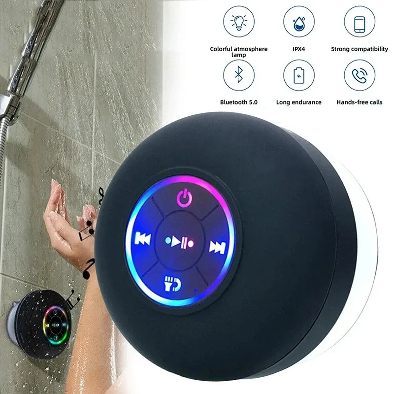 Mini haut-parleur Bluetooth portable à LED avec microphone, ventouse et étanchéité IPX4