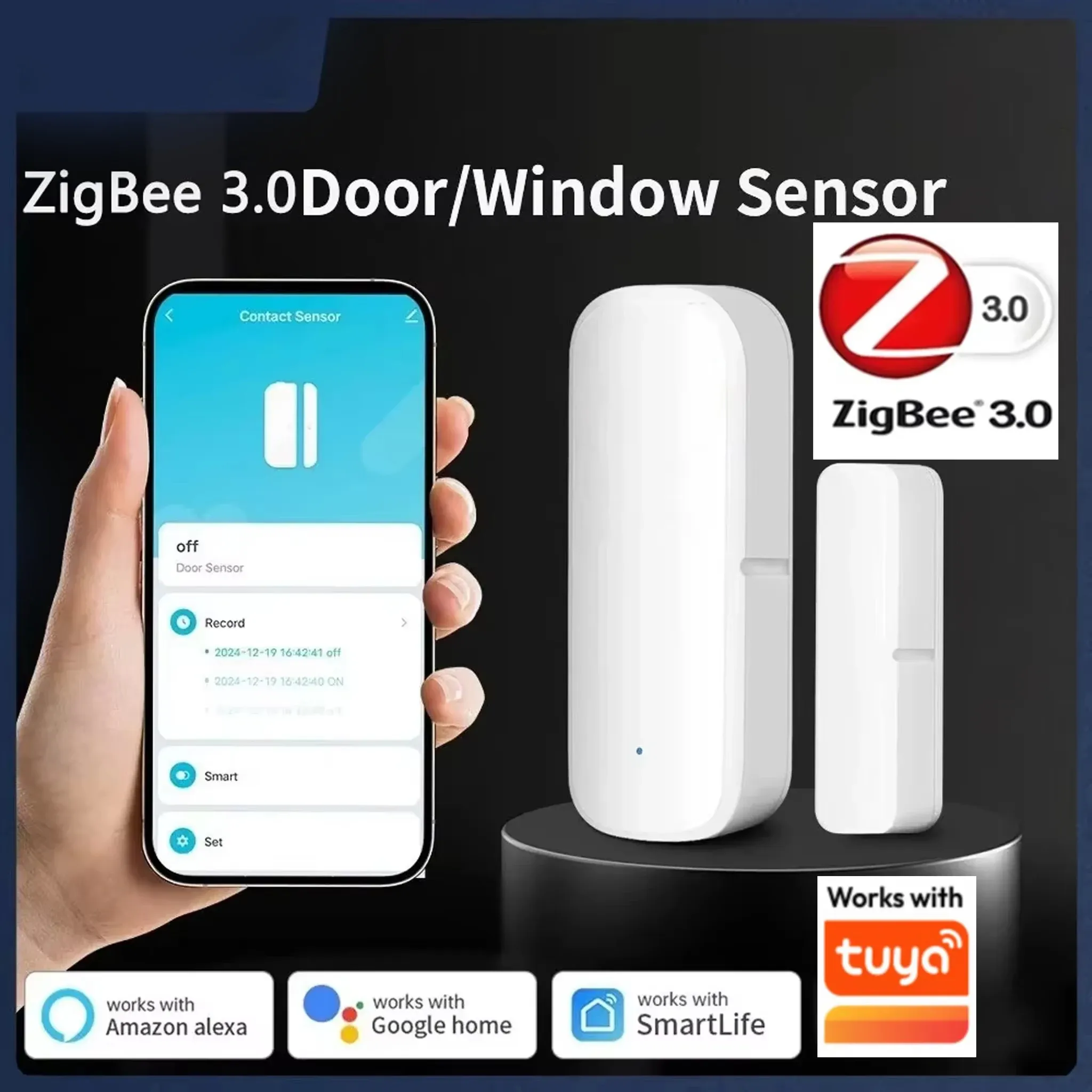 Capteur de porte/fenêtre Zigbee 3.0 à contact magnétique, alarme à distance via application, compatible Alexa et Google Home (hub requis)