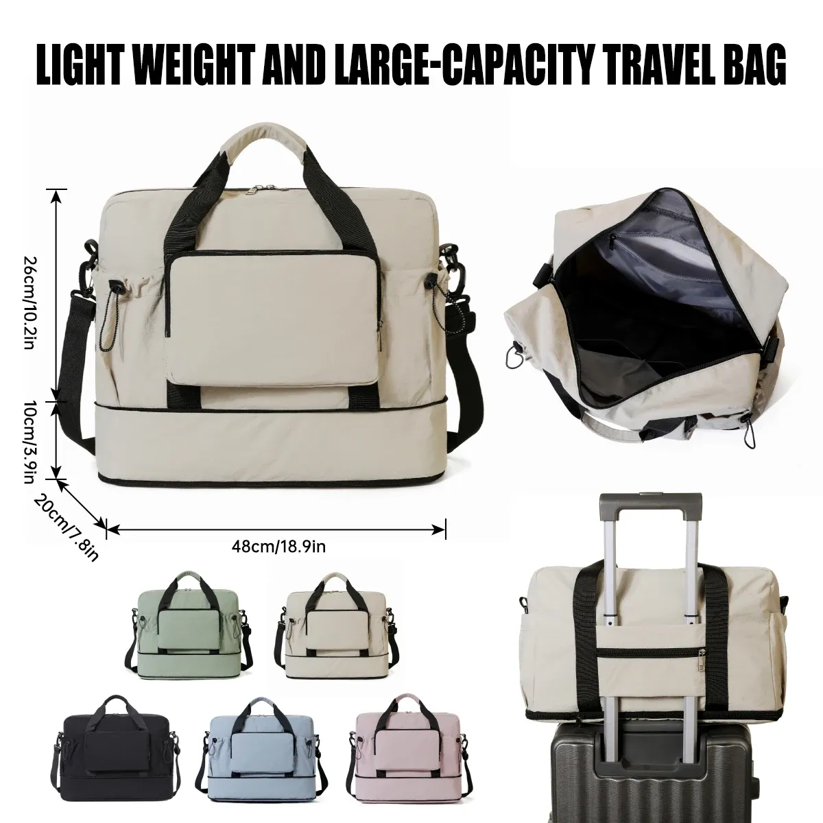 Sac de voyage de grande capacité pour courts séjours, sac de rangement pour bagages, sac de sport léger et portable pour femme, extensible et fixable sur valise à roulettes 3