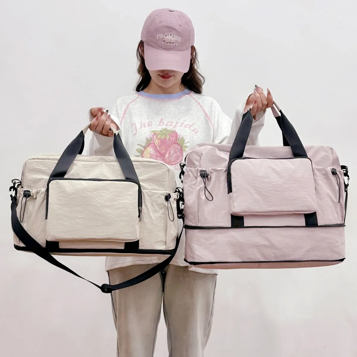 Sac de voyage de grande capacité pour courts séjours, sac de rangement pour bagages, sac de sport léger et portable pour femme, extensible et fixable sur valise à roulettes 4