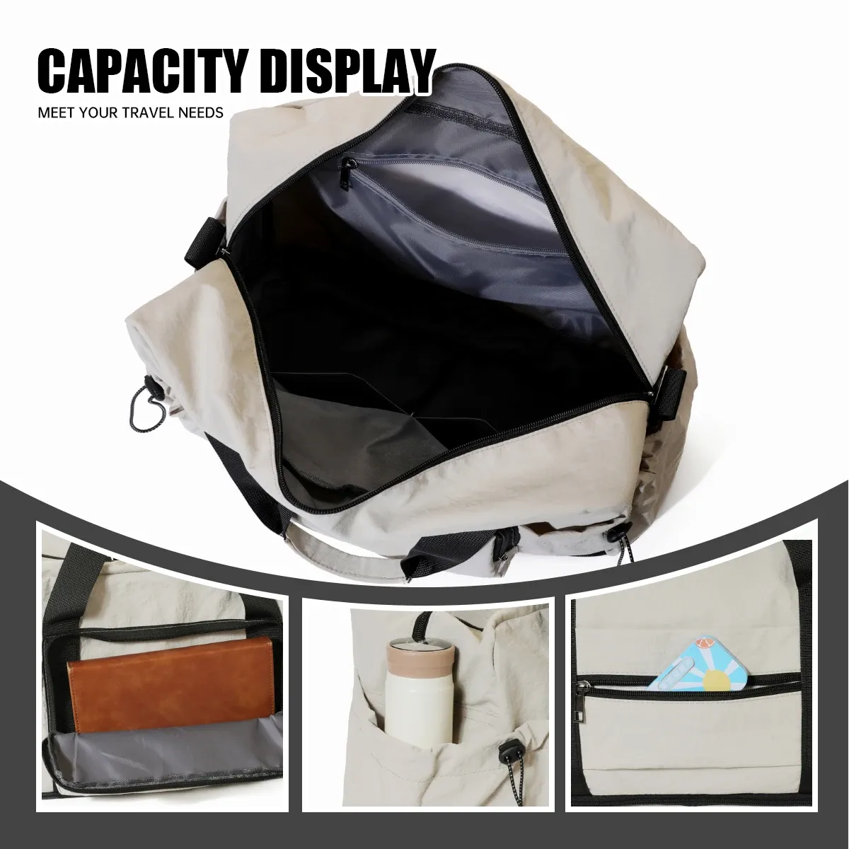 Sac de voyage de grande capacité pour courts séjours, sac de rangement pour bagages, sac de sport léger et portable pour femme, extensible et fixable sur valise à roulettes 6