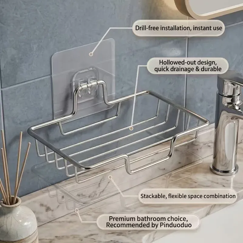 Organisateur multifonction sous l'évier en acier inoxydable argenté, sans perçage, avec système de drainage, porte-savon mural, lot de 1, 2 ou 3 pièces 5