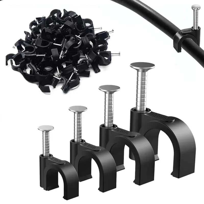 Lot de 100 attaches-câbles noires 4, 6, 8, 10, 12, 14, 16 mm, serre-câbles à clouer pour câbles et cordons coaxiaux - Image 1