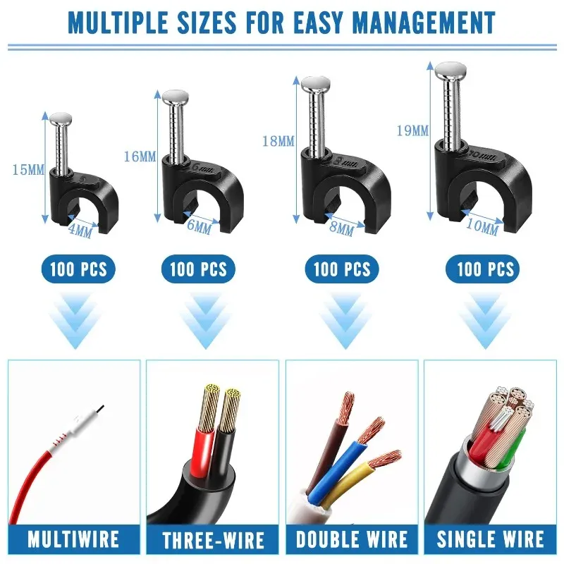 Lot de 100 attaches-câbles noires 4, 6, 8, 10, 12, 14, 16 mm, serre-câbles à clouer pour câbles et cordons coaxiaux 2