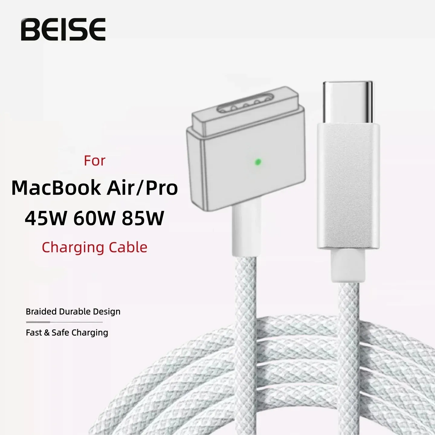 Câble de charge USB-C vers MagSafe 2 tressé en forme de T pour MacBook Air et Pro, compatible avec les chargeurs 45 W, 60 W et 85 W