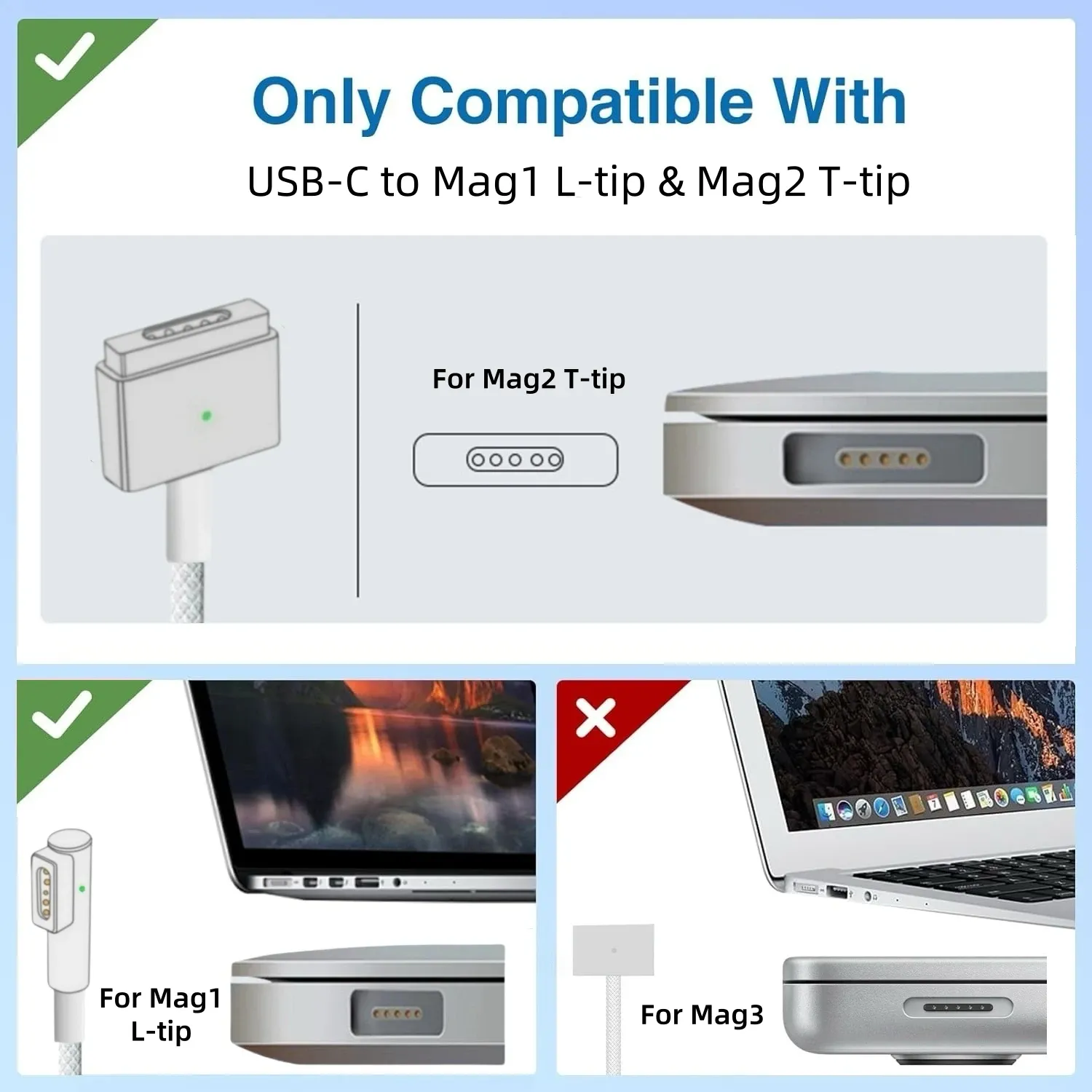Câble de charge USB-C vers MagSafe 2 tressé en forme de T pour MacBook Air et Pro, compatible avec les chargeurs 45 W, 60 W et 85 W 6