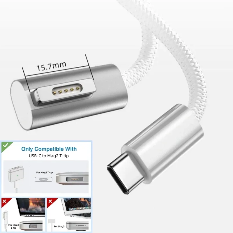 Câble de charge USB-C vers MagSafe 2 tressé en forme de T pour MacBook Air et Pro, compatible avec les chargeurs 45 W, 60 W et 85 W 22