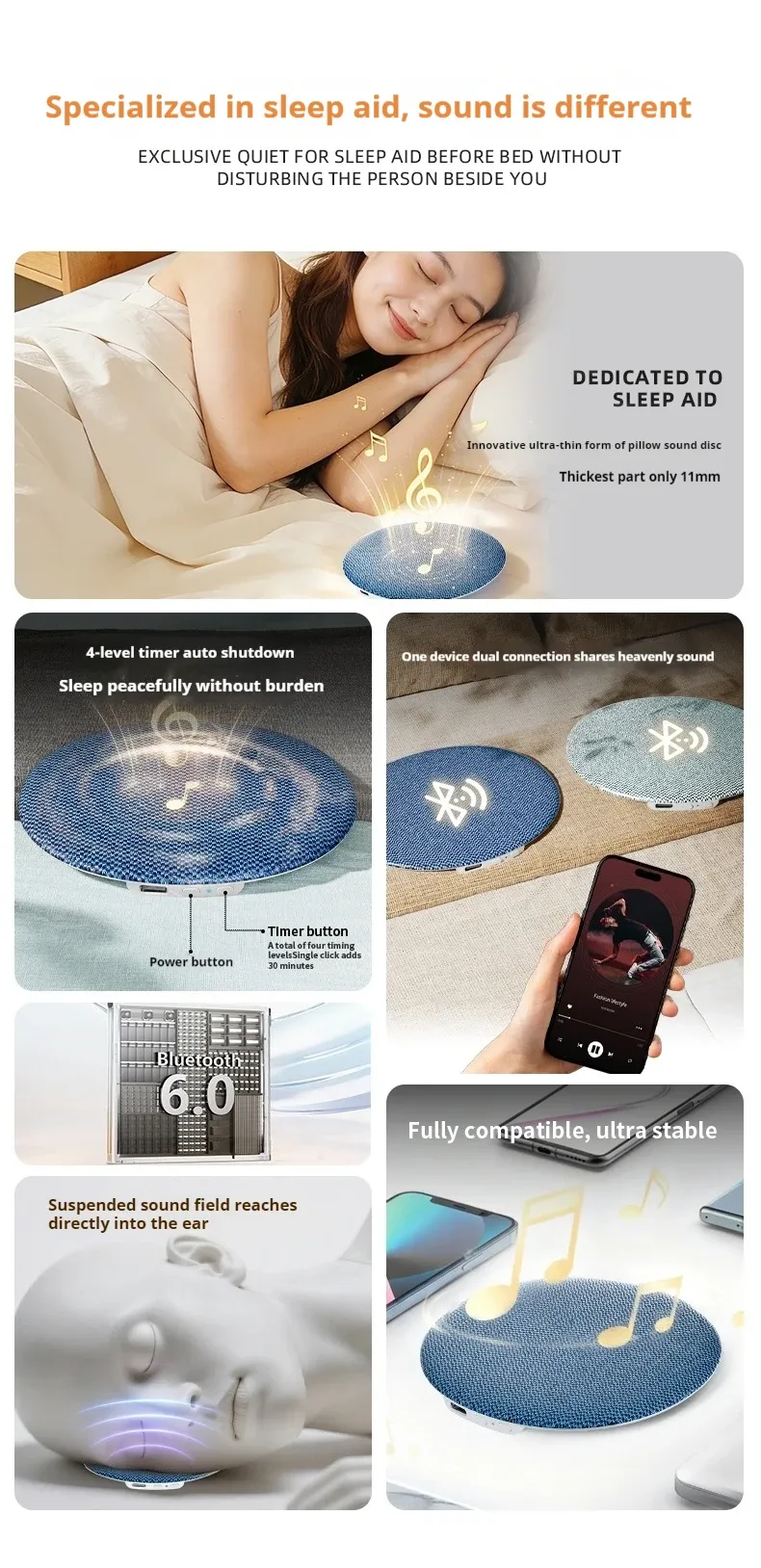 Haut-parleur d'oreiller Bluetooth, design ultra-fin
