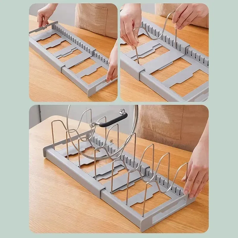 Organisateur extensible à 7 compartiments réglables pour poêles, couvercles et ustensiles de cuisine 2
