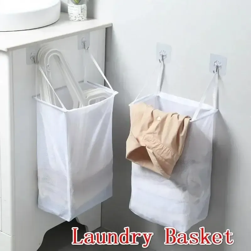 Panier à linge mural pliable en maille avec crochet adhésif sans perçage 3