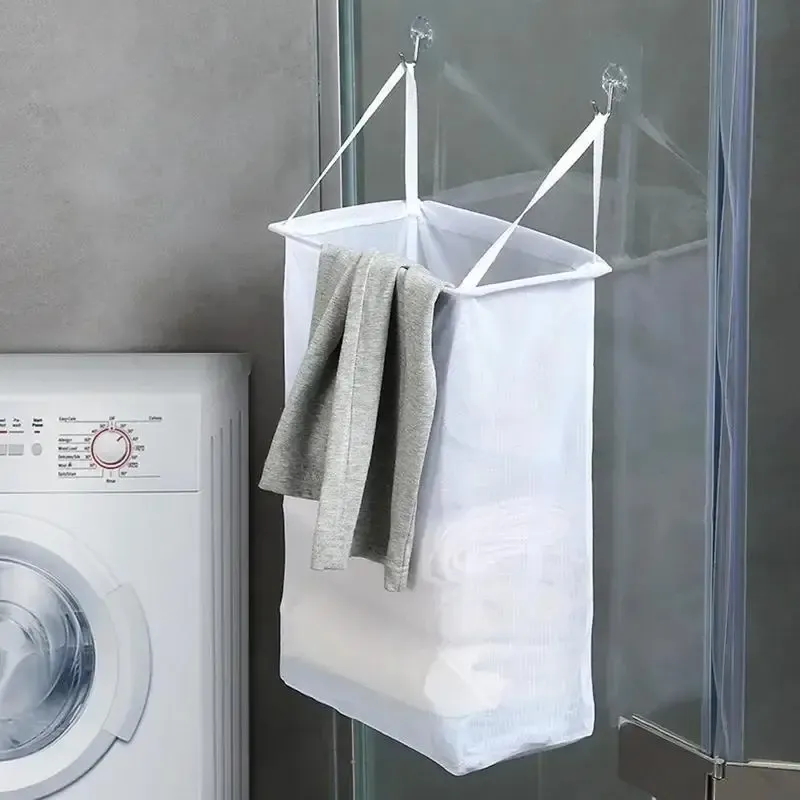 Panier à linge mural pliable en maille avec crochet adhésif sans perçage 2