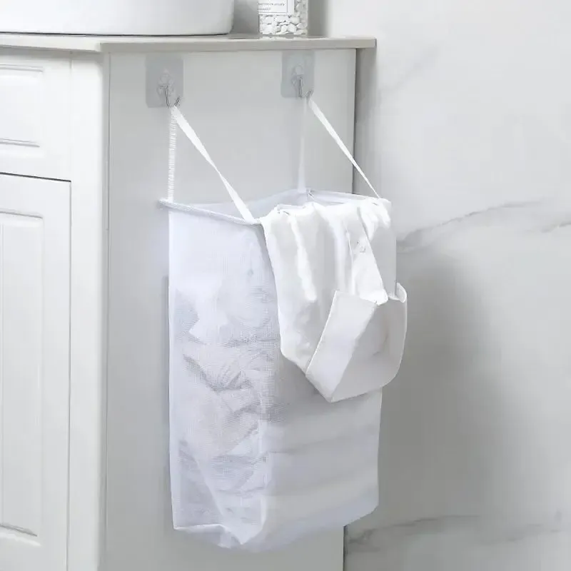 Panier à linge mural pliable en maille avec crochet adhésif sans perçage - Image 1