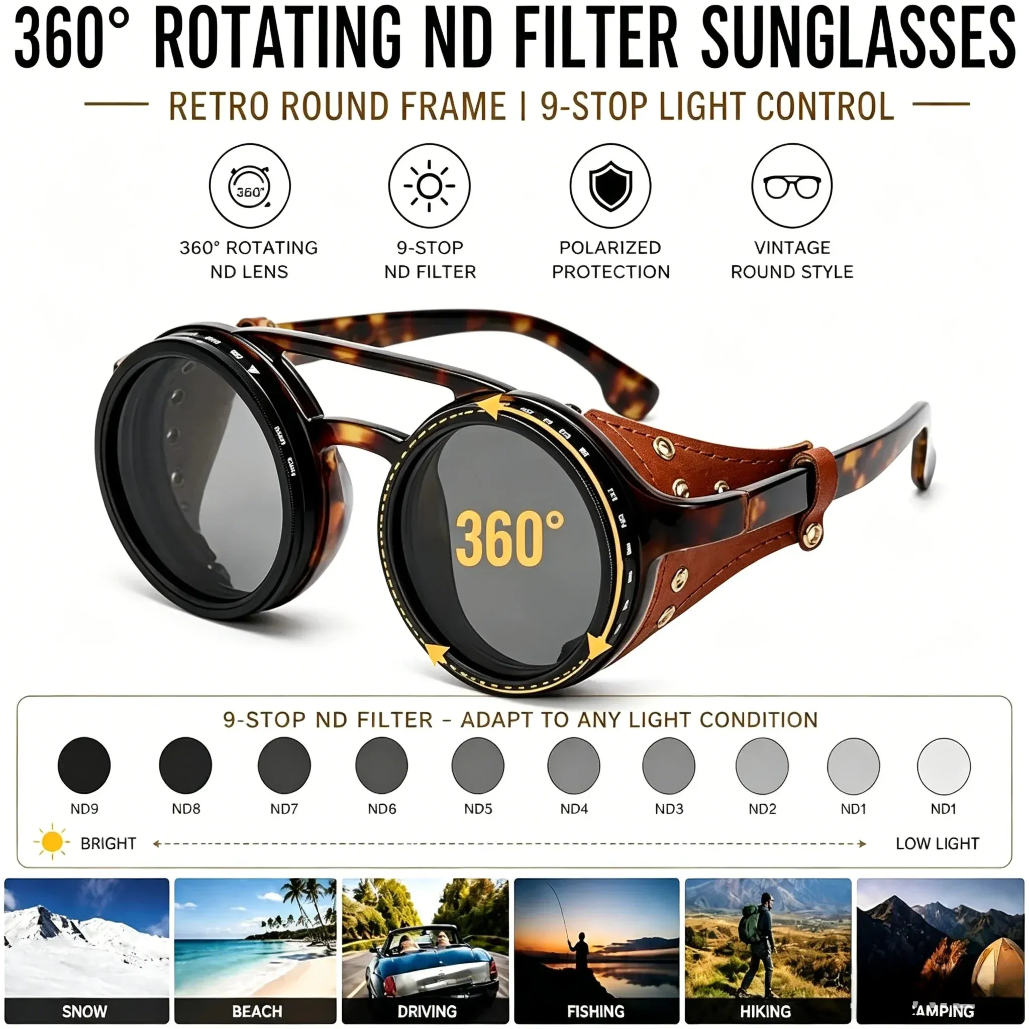 Lunettes de soleil polarisées réglables ND9, style rétro punk rond, pour hommes et femmes, idéales pour la pêche et la conduite en extérieur, protection UV400