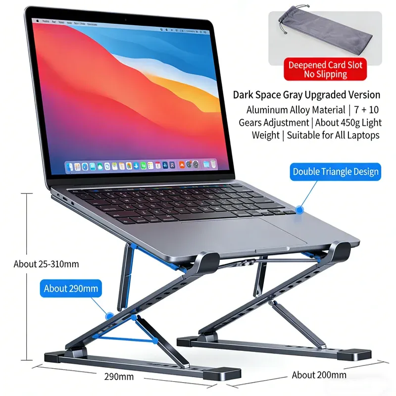 Support d'ordinateur portable pliant et réglable en aluminium pour MacBook, PC et tablette, à dissipation thermique optimisée