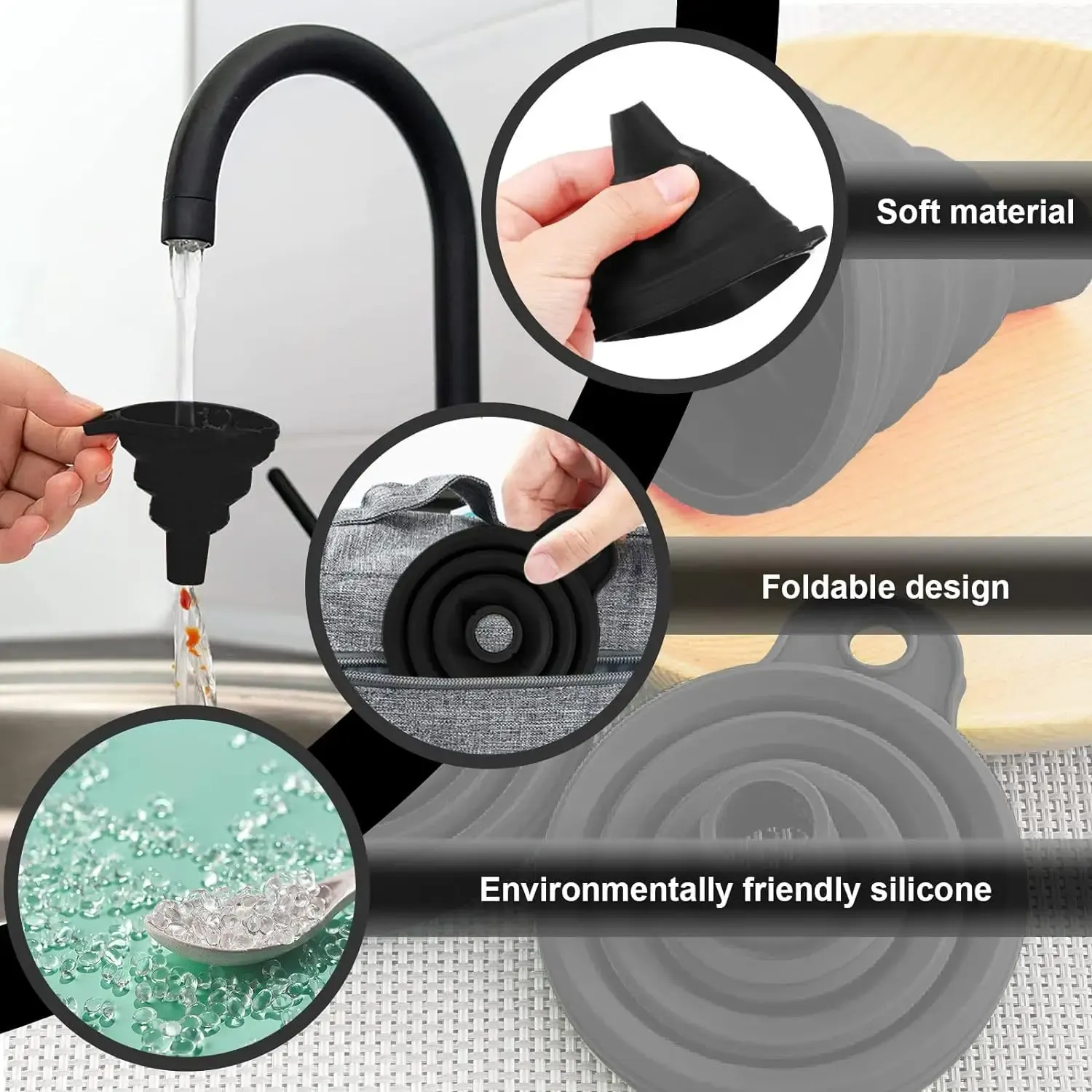 Entonnoir pliable en silicone, finition soignée