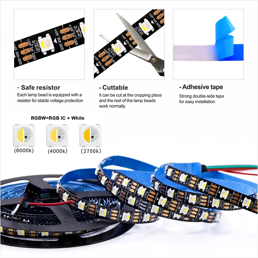 Bande LED RGBW 5V SK6812 4 en 1, similaire à WS2812B, 1 m, 4 m, 5 m, 30, 60, 144 LEDs, PCB noir/blanc, câble 1 à 5 mètres, éclairage LED IP30 65 3