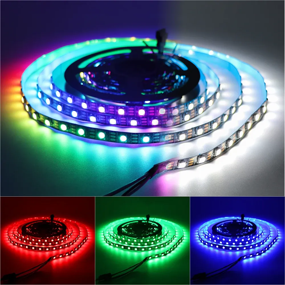 Bande LED RGBW 5V SK6812 4 en 1, similaire à WS2812B, 1 m, 4 m, 5 m, 30, 60, 144 LEDs, PCB noir/blanc, câble 1 à 5 mètres, éclairage LED IP30 65 4