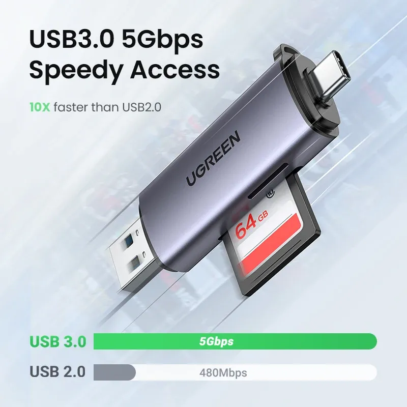 UGREEN Lecteur de carte USB 3.0 et USB-C vers SD / microSD / TF, Thunderbolt 3, pour PC et accessoires d'ordinateur portable, lecteur de carte mémoire intelligent et adaptateur de carte SD 2