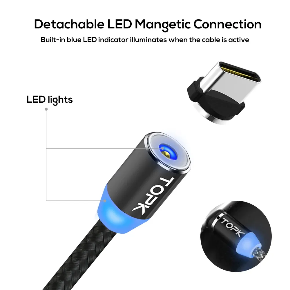 Câble de charge magnétique 3 en 1 TOPK, câble de chargeur magnétique rotatif à 360°, en nylon tressé, avec connecteurs Micro USB et USB-C 2