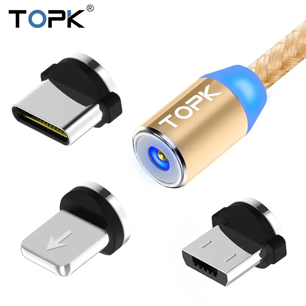 Câble de charge magnétique 3 en 1 TOPK, câble de chargeur magnétique rotatif à 360°, en nylon tressé, avec connecteurs Micro USB et USB-C 10