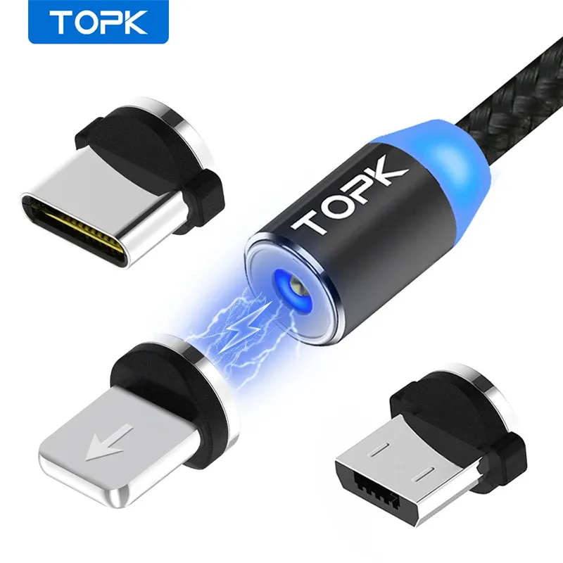 Câble de charge magnétique 3 en 1 TOPK, câble de chargeur magnétique rotatif à 360°, en nylon tressé, avec connecteurs Micro USB et USB-C 8
