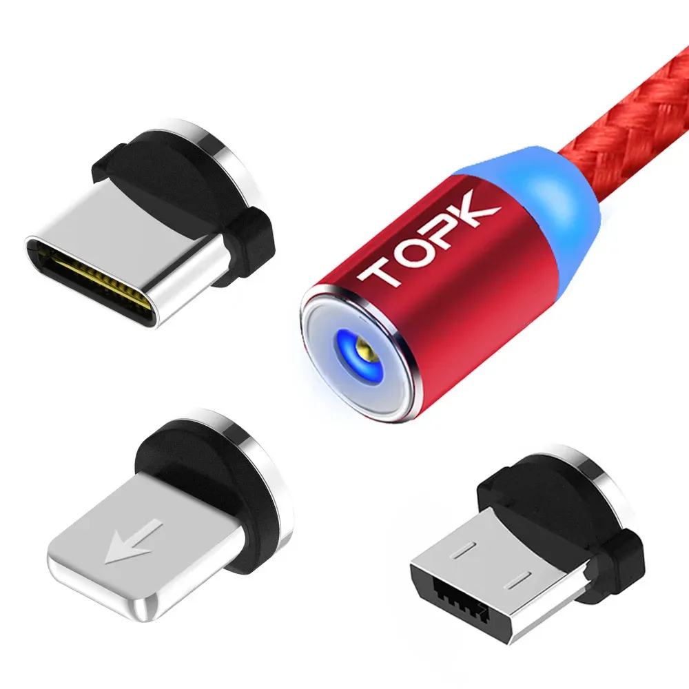 Câble de charge magnétique 3 en 1 TOPK, câble de chargeur magnétique rotatif à 360°, en nylon tressé, avec connecteurs Micro USB et USB-C 9