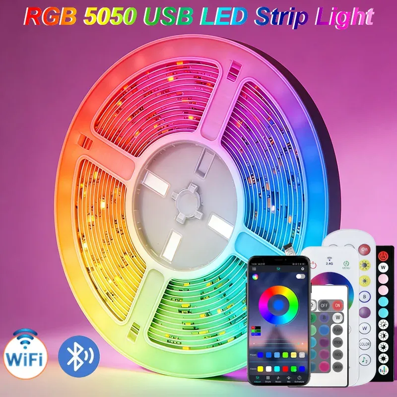 Bande lumineuse LED RGB multicolore 5050, 1 à 20 m, avec prise USB, rétroéclairage pour TV et décoration de salle de jeux