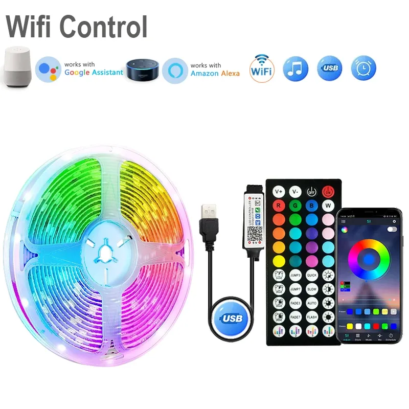 Bande lumineuse LED RGB multicolore 5050, 1 à 20 m, avec prise USB, rétroéclairage pour TV et décoration de salle de jeux 10