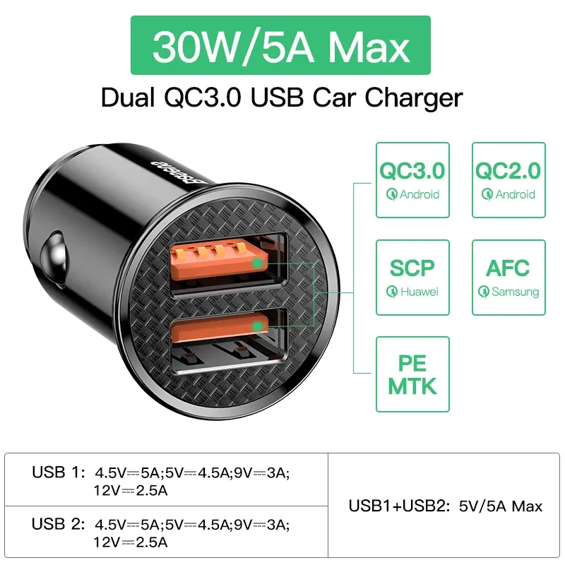 Chargeur de voiture Baseus 30 W USB, charge rapide 4.0/3.0, compatible FCP, SCP et USB PD, pour Xiaomi et iPhone 12, 13, 14, 15 Pro 2