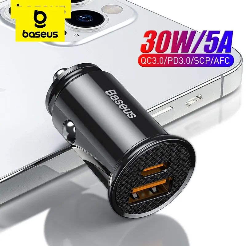 Chargeur de voiture Baseus 30 W USB, charge rapide 4.0/3.0, compatible FCP, SCP et USB PD, pour Xiaomi et iPhone 12, 13, 14, 15 Pro
