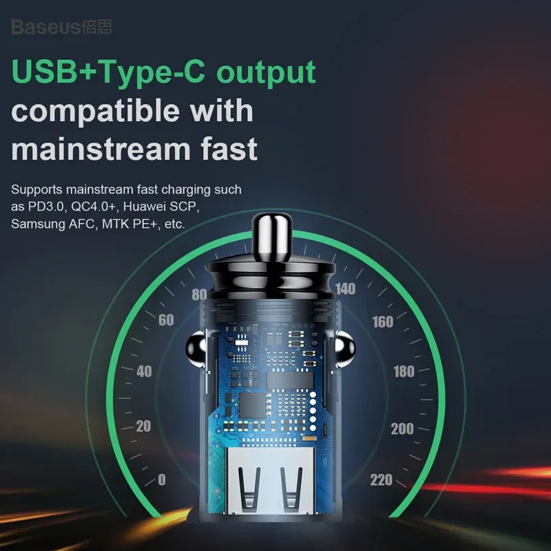 Chargeur de voiture Baseus 30 W USB, charge rapide 4.0/3.0, compatible FCP, SCP et USB PD, pour Xiaomi et iPhone 12, 13, 14, 15 Pro 6