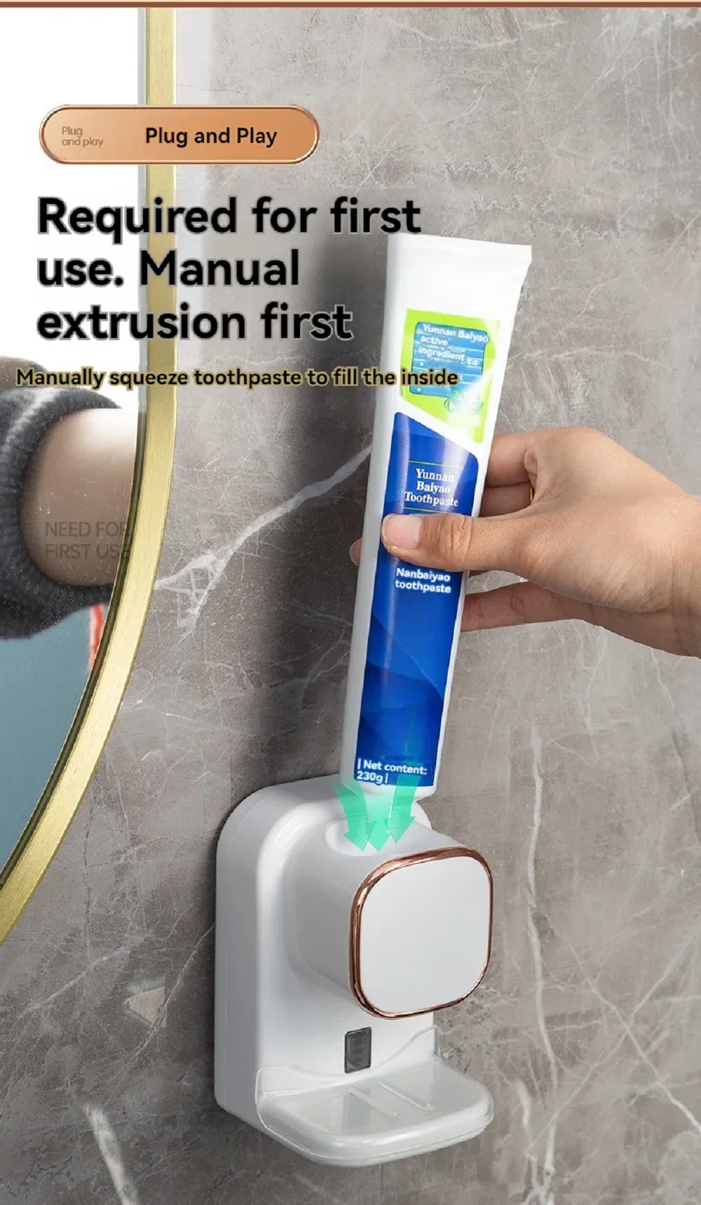 Distributeur de dentifrice dans une salle de bains lumineuse