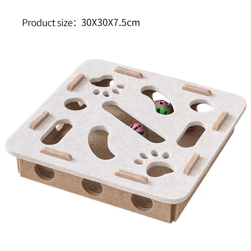 Boîte à jouets interactive en feutre pour chat : labyrinthe, tunnel, cloche et balle 12